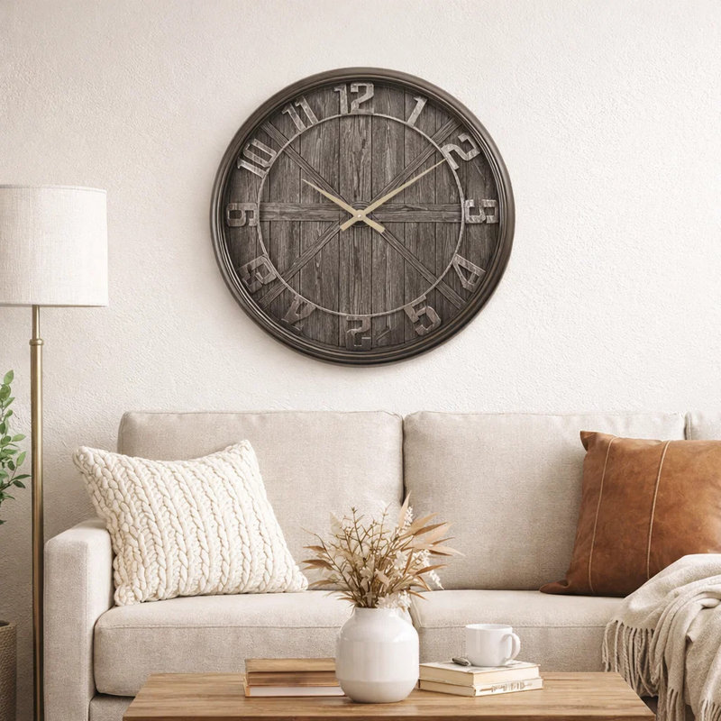 Horloge murale, 30 po, cadre rond brun, affichage analogique imprimé