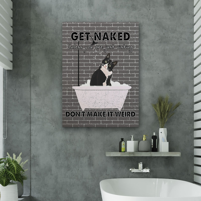 Chat noir dans le bain noir - Toile tendue avec la galerie «Get NUE» - Illustration de salle de bain et de lessive, noir, blanc et gris