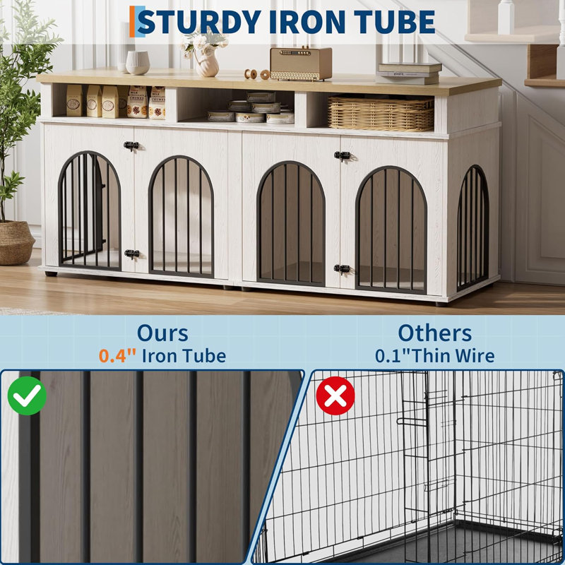 Meuble double cage pour chien de 71 po pour 2 chiens de taille moyenne, Blanc / Brun