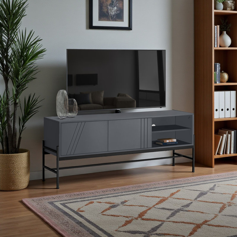 Meuble télé Tybalt 60 po avec stratifié gris et métal noir, l 57,3 po x P 15,3 po x H 23,59 po