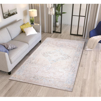 Vintage Look Woven Base Decorative Beige Oriental Carpet
