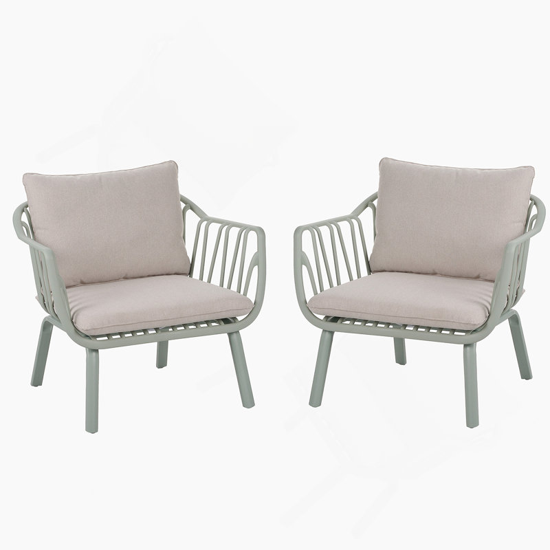 Fauteuil club d'extérieur PP, finition verte avec coussin beige, ensemble de 2, Beige, Vert clair