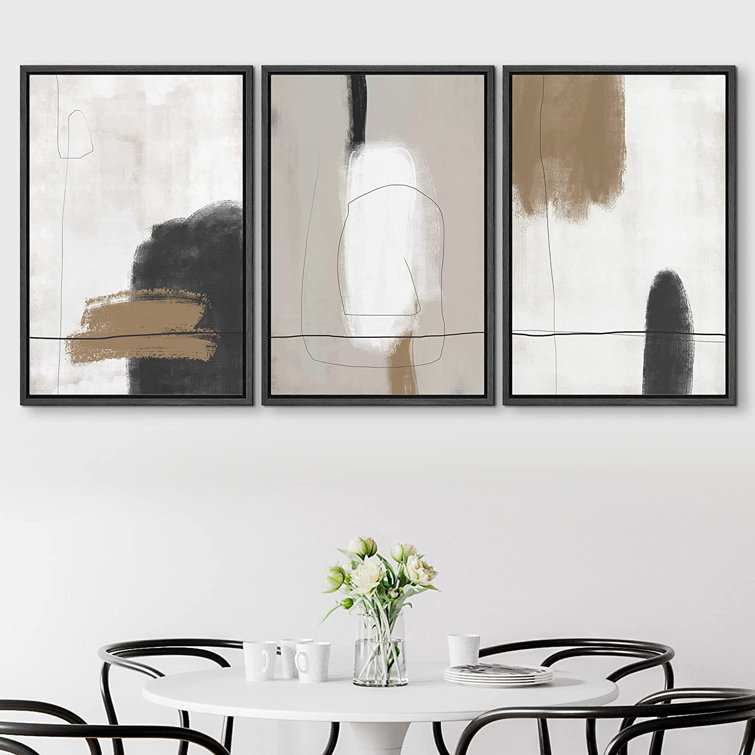 Neutral Grunge Tan Gray Paint Abstract Shapes Modern Nordic Wall Art Framed On Canvas 3 Piece Print