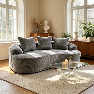 65" Curved Corduroy Loveseat with Pocket Spring Cushions and 3 Pillows, No Assembly, Grey