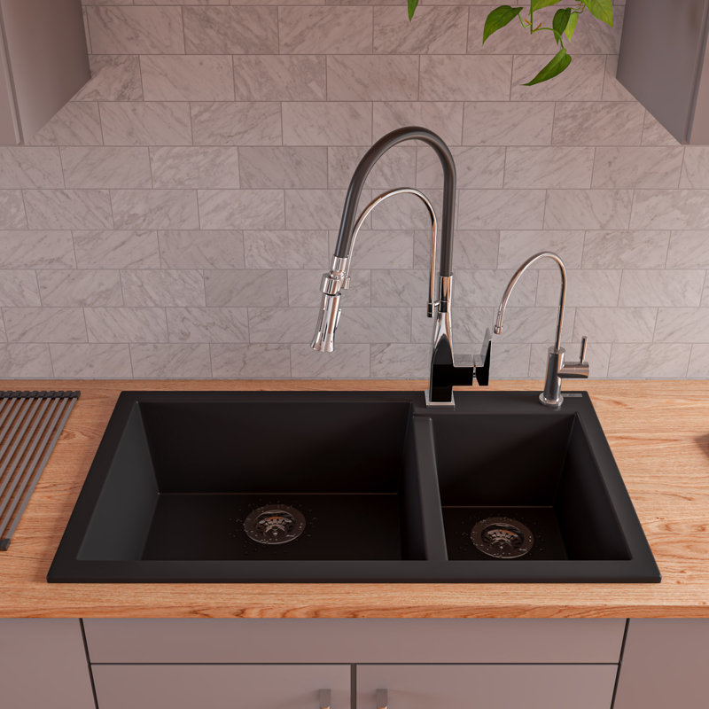 33.88'' L Double Bowl Granite Kitchen Sink, Black