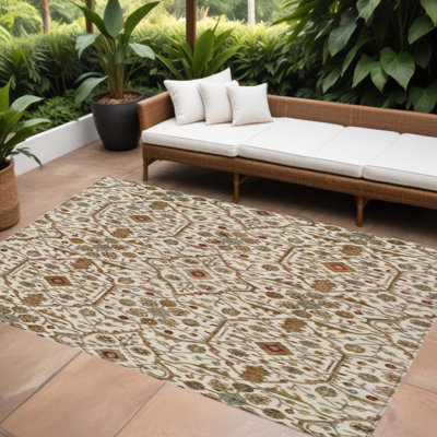 Tapis extérieur lavable floral brun et rouge ivoire 8 pi x 10 pi