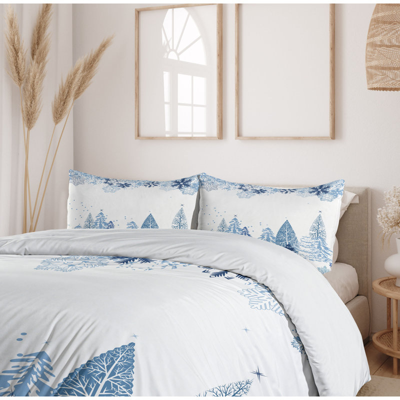Queen Blue White Winter Scene Microfiber Duvet Cover Set