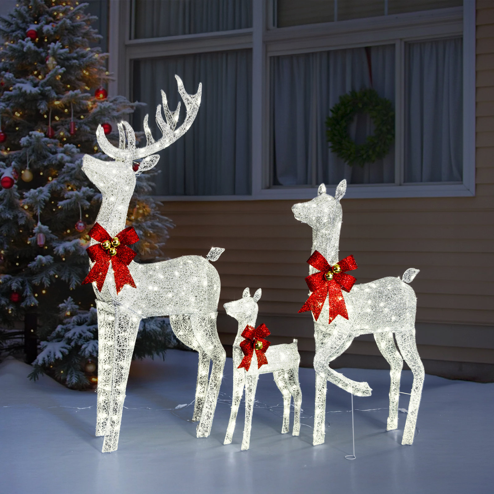 3PCS 5FT Champagne Reindeer Family Christmas Decoration With LED Lights, Silver