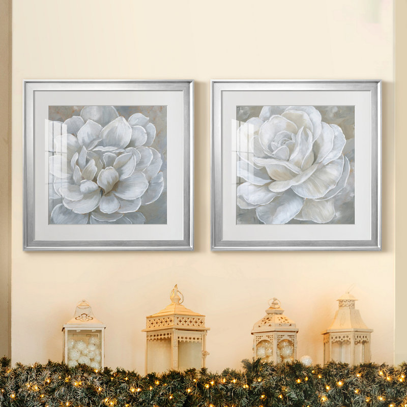 «Bombshell Bloom I», ensemble de 2 reproductions d'art sur toiles, H 22,5 po x l 45 po, Papier encadré noir, Argent argent