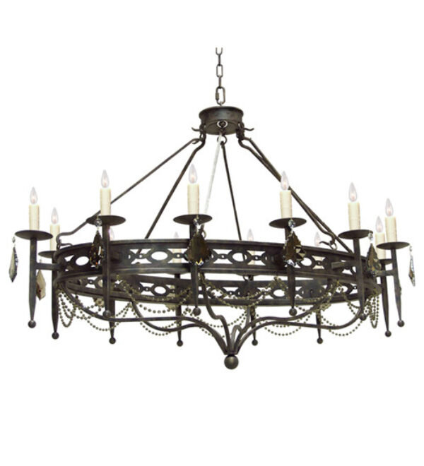 Lustre en forme de roue de bougie à 12 lumières avec accents de cristal Jasmine, Hexagone noir, Étain noirci