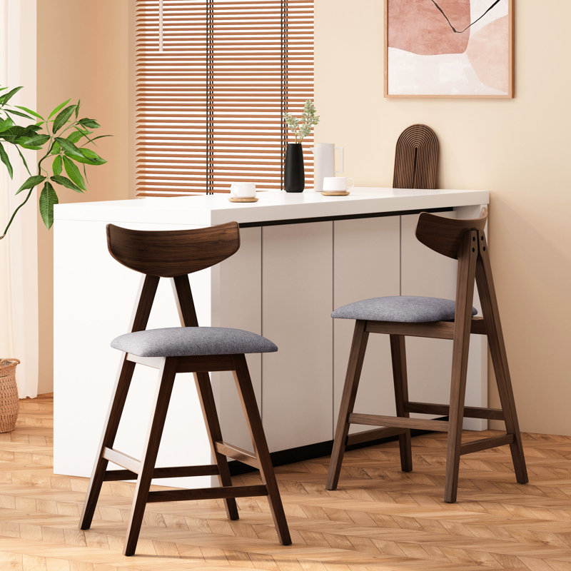Comptoir de 2 tabourets - Revêtement en tissu gris foncé, base en bois d'hévéa (2), assise rembourrée, robuste