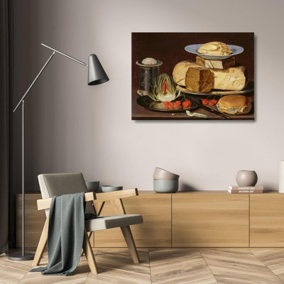 «Nature morte avec des fromages, des artichauts et des cerises» par Clara Peeters - Art mural sur toile tendue avec châssis