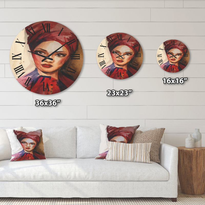 Portrait d'une jeune femme afro-américaine I, horloge murale en bois, Grand