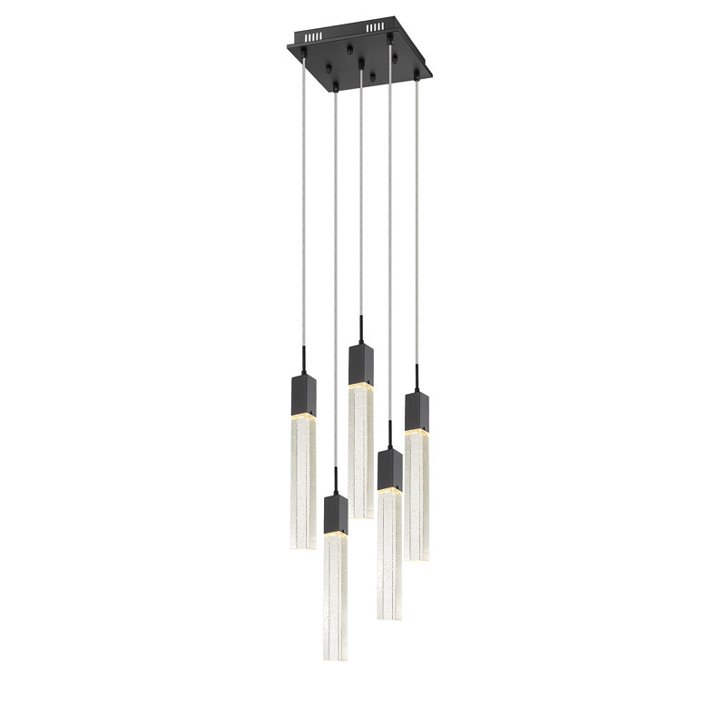 Glacier 5 - Light Pendant, Matte Black, Clear Solid Crystal Bubbled Prisms
