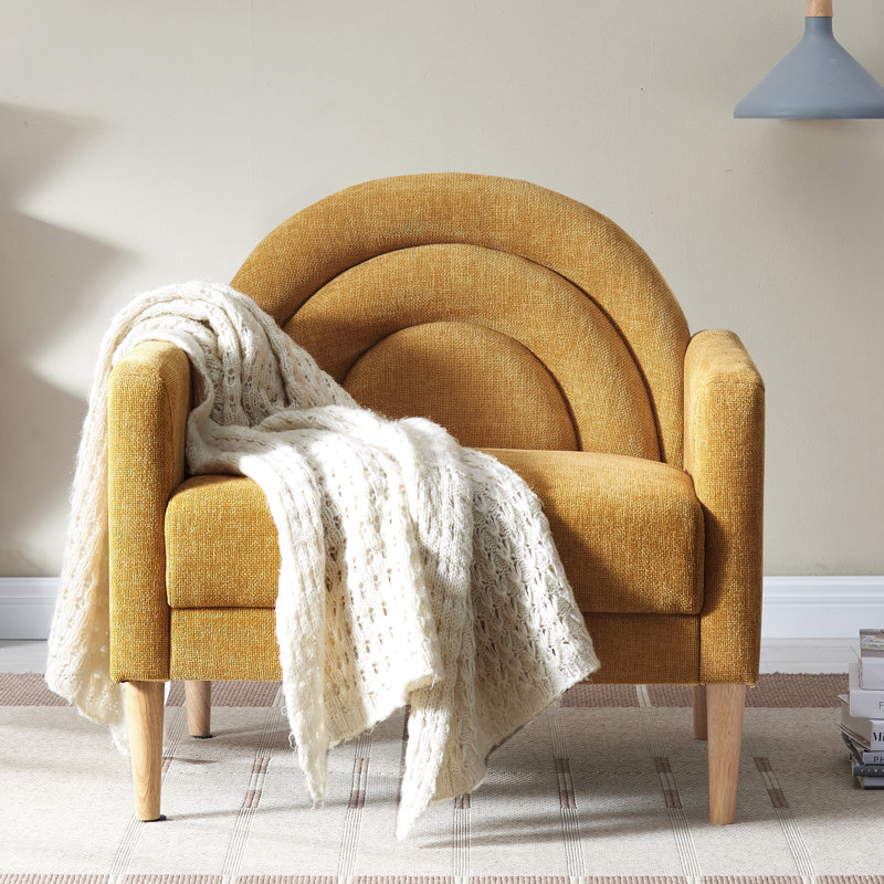 Modern Accent Chair with Rainbow-Inspired Backrest, Yellow Linen, Yellow
