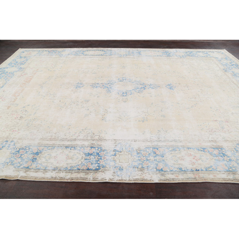 Tapis décoratif beige/bleu en laine de conception unique 8 pi 10 po x 12 pi 9 po noué à la main