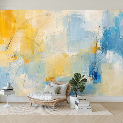 Papier peint adhésif mural abstrait jaune, bleu, coups de pinceau, papier auto-adhésif amovible, décoration murale pour salon, chambre à coucher H 100 po x l 144 po
