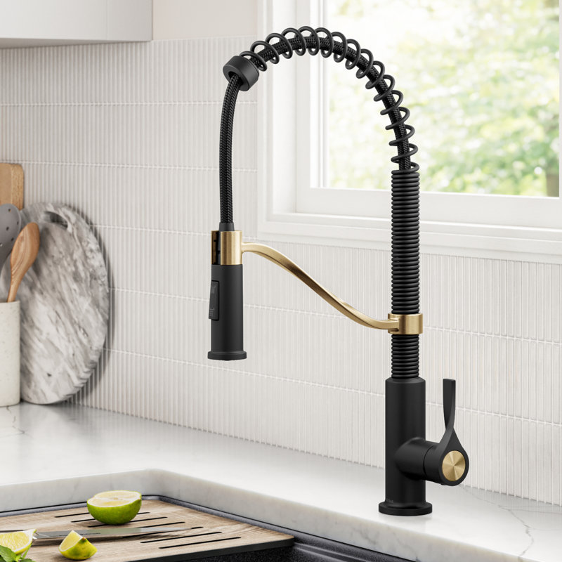 Kraus Torak Commercial Style 2-Function Single Handle Pull Down Kitchen Faucet, Brushed Brass/Matte Black