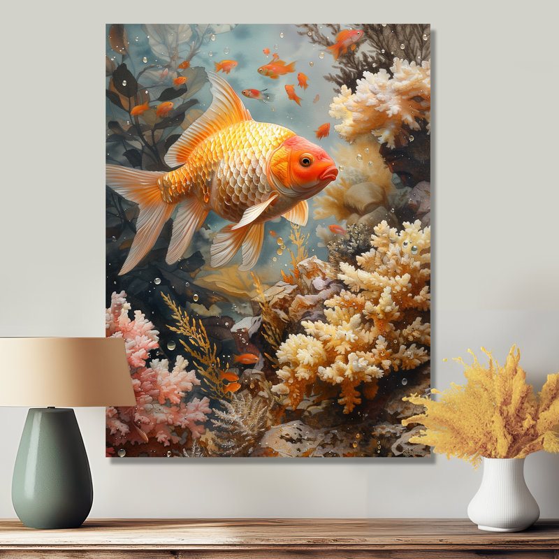 Orange, corail, poisson blanc, merveille - aquariums, art mural, Cadre flottant blanc, bois massif, H 16 po x l 32 po
