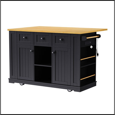 53-Inch Large Kitchen Island with Drop Leaf, Power Outlet, and Ample Storage, Perfect for Efficient Kitchen Organization and Mobility