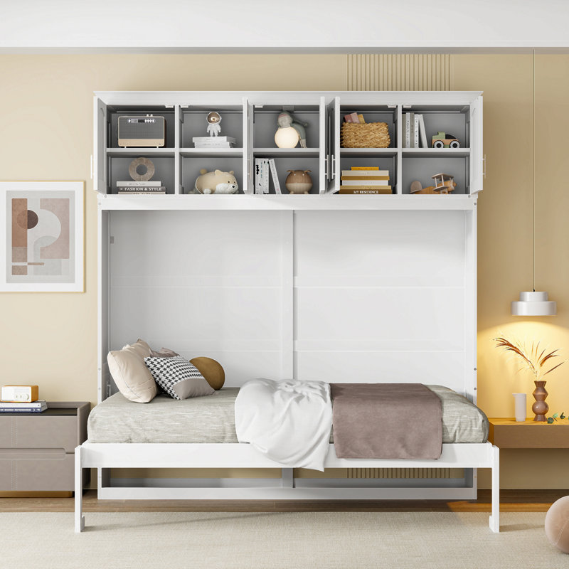 Lit escamotable mural avec armoires supérieures Murphy, Lit double, Blanc