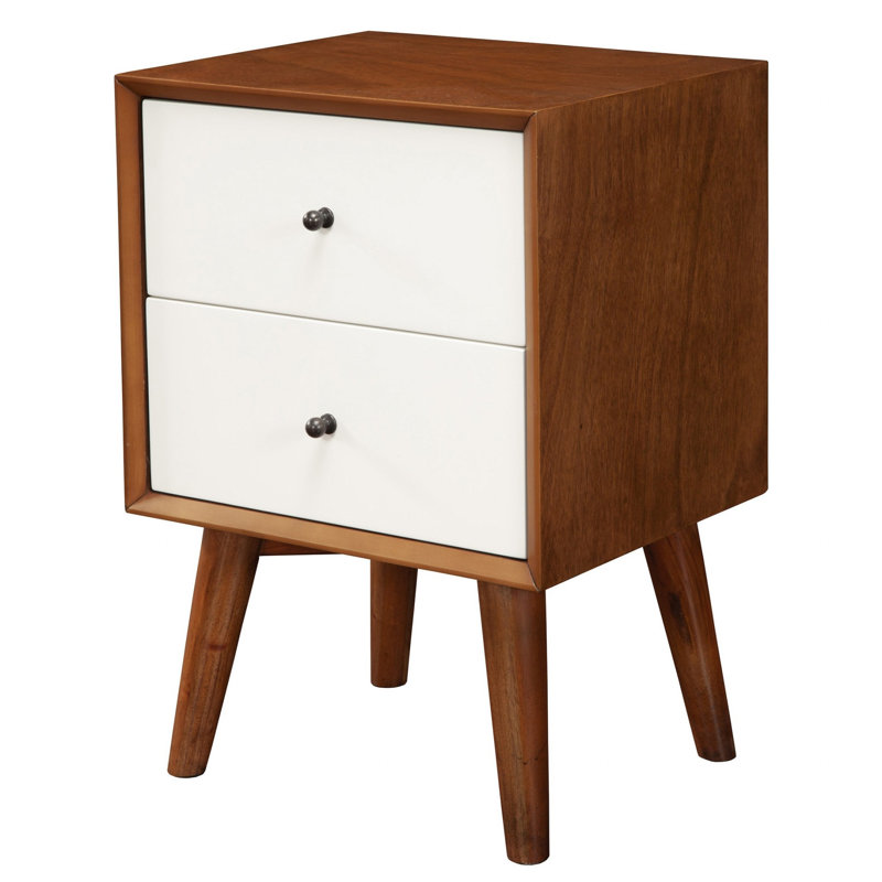 26" Solid Wood and Wood Two Drawer Nightstand, Brown/White