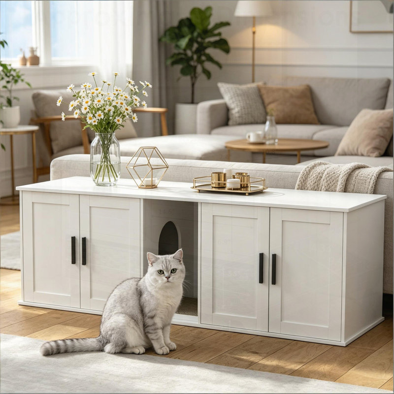 Meuble à litière multifonctionnel pour chat, enceinte cachée avec rangement, idéal pour les maisons modernes où les animaux de compagnie sont les amis