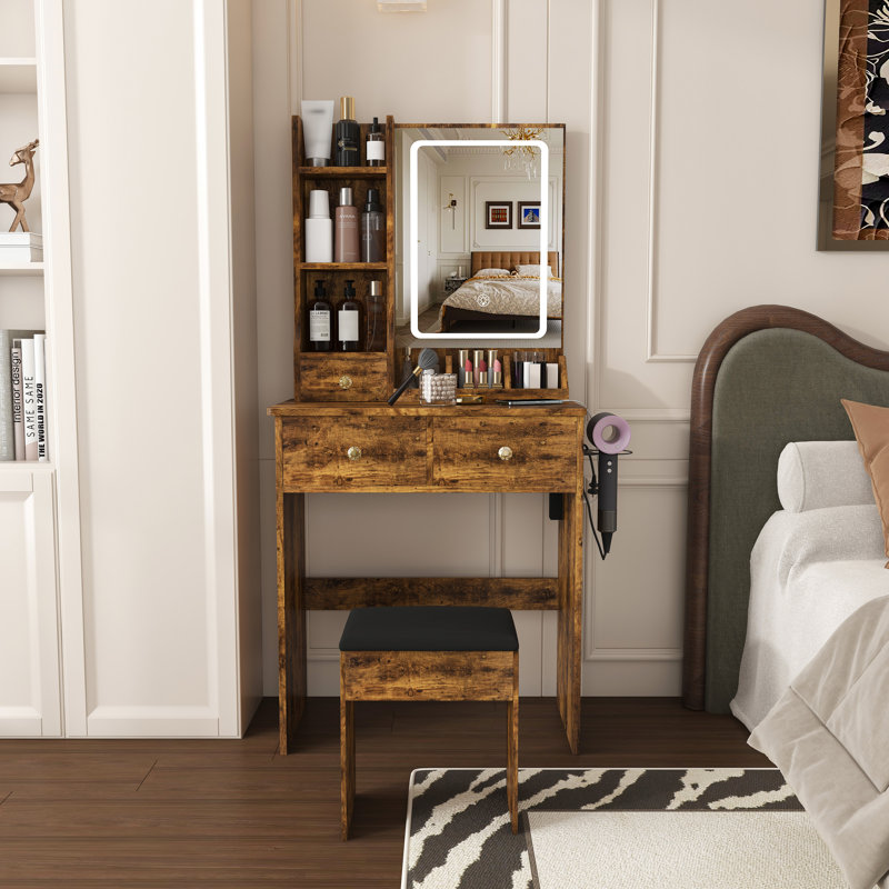 Vanity Desk With Lighted Mirror, Makeup Vanity With 3 Drawers and Multiple Open Storage Shelves