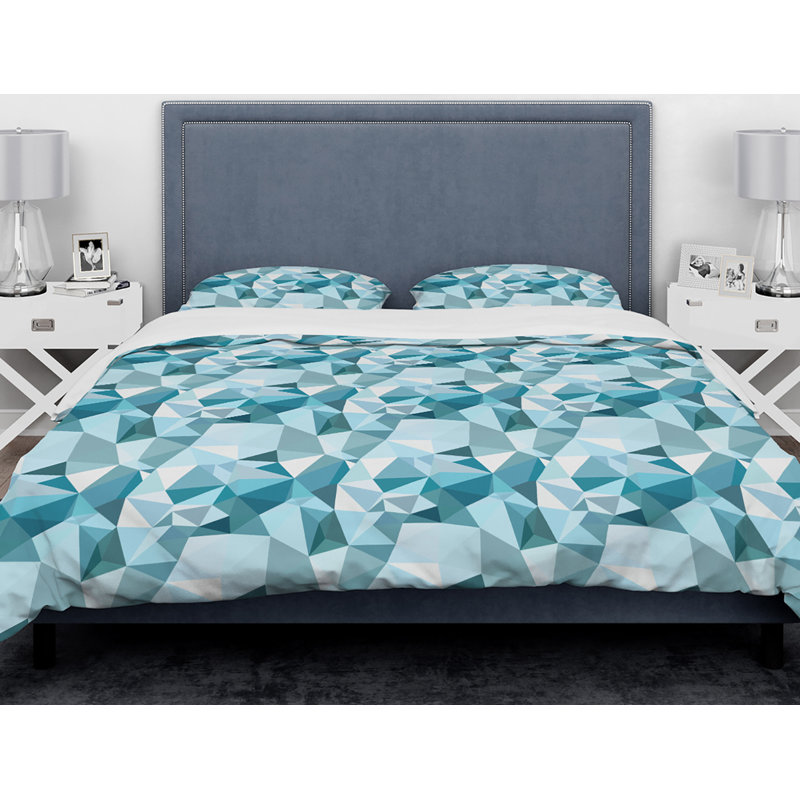 Polygonal Abstract Light Blue Geometry - Modern Abstract Duvet Cover Set - Microfiber Polyester, Queen Duvet Cover + 2 Shams