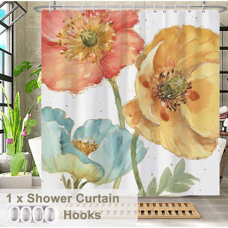 Pack of 1 Tricolour Flower Natural Modern Plant Shower Curtain with Hooks, 182.88cm H x 182.88cm W