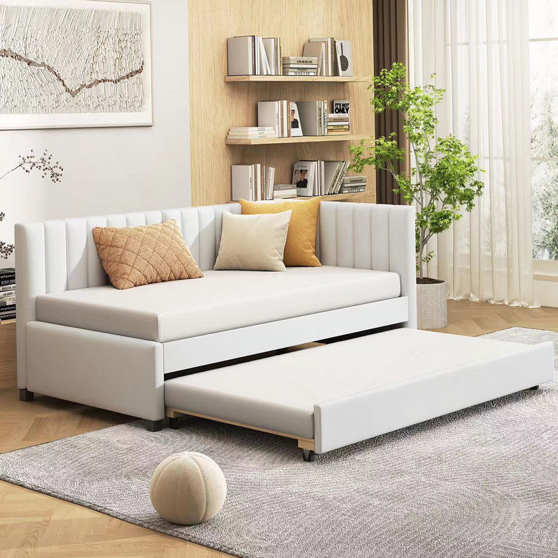 Upholstered Daybed with Trundle Twin Size Sofa Bed Frame, Beige, Twin
