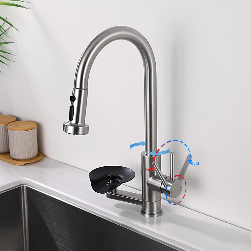 3-In-1 Kitchen Faucet With Press-Type Glass Rinser, High-Arc Pull-Down Sprayer Faucet, 3 Function Spray Mode, Brushed Nickel Finish, For Modern Kitchen Sink