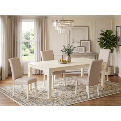 5 Piece Dinette Set Includes a Rectangle Dining Table with Butterfly Leaf and 4 Cream Linen Fabric Parson Dining Room Chairs, Linen White