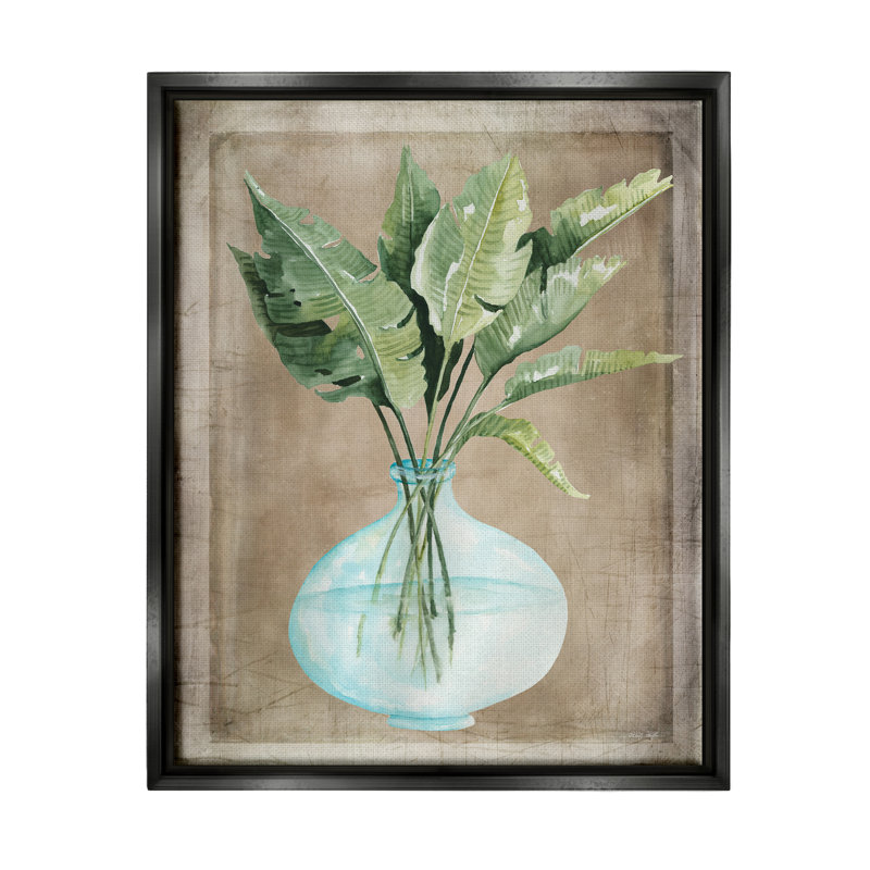 «Green Plant Leaves» dans un vase en verre avec bordure rustique par Cindy Jacobs - peinture sur toile avec cadre flottant