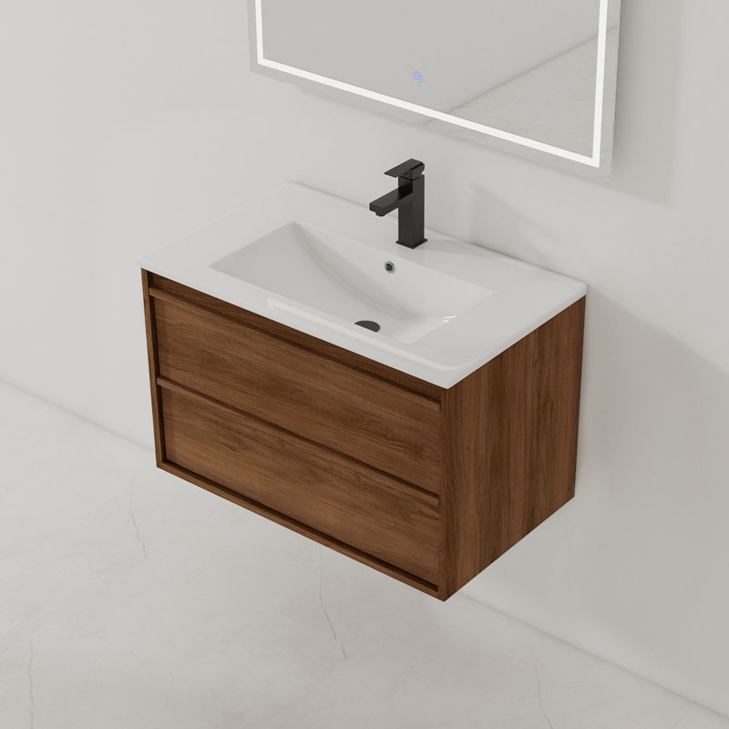 Meuble-lavabo mural 30 po avec finition en noyer brun et plateau en céramique Presenza Vayana