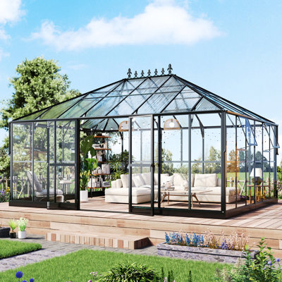 Serre en polycarbonate avec panneaux transparents - Serres d'extérieur en aluminium de 6 pi de hauteur murale avec 2 évents, portes doubles avec crochet, serre pour jardin dans la cour arrière