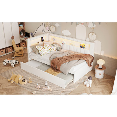 Upholstered Twin Size Platform Bed With USB Ports And LED Belt, With Trundle
