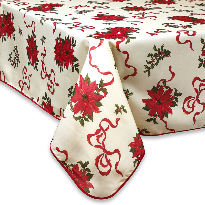 Poinsettias and Bows Decorative Christmas Tablecloth, 84" L x 60" W