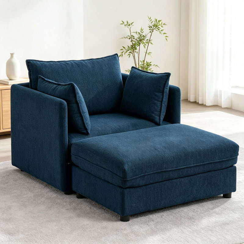 Upholstered Chenille Accent Chair With Footstool, Blue Chenille