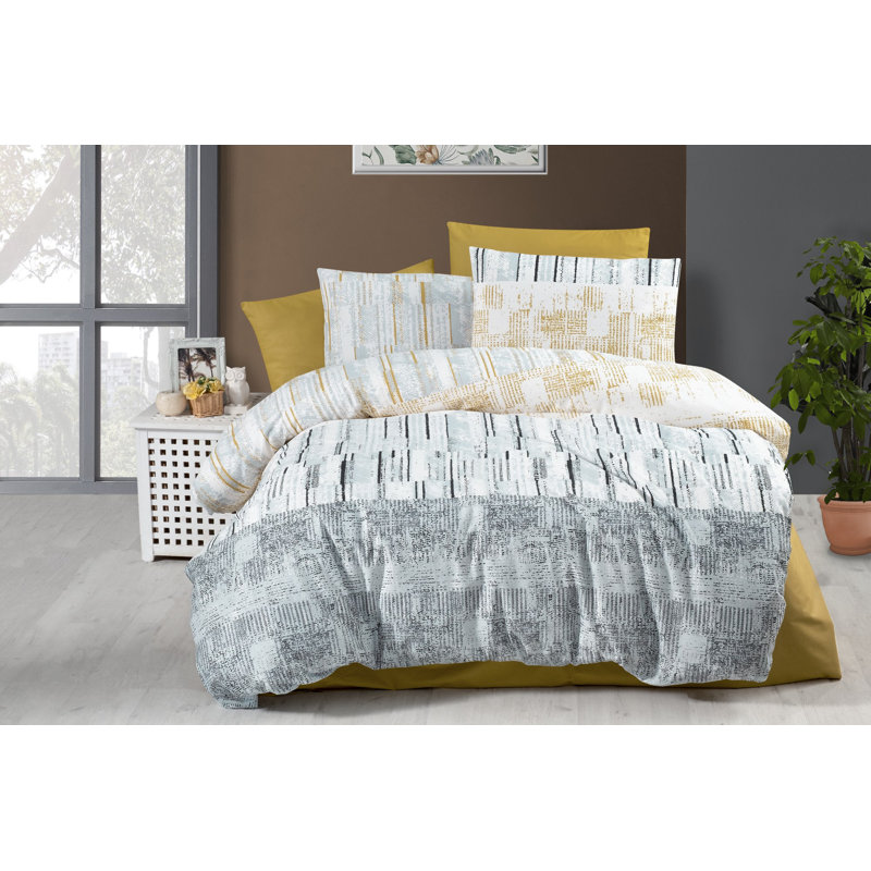 Luxurious King Quilt Cover Set, Mustard & White/Grey, 94.5 x 86.6 inches | 50% Cotton / 50% Polyester, 127 Thread Count | Includes 2 Pillowcases (23.6 x 23.6 inches) | Easy Care, Machine Washable with Button Closure