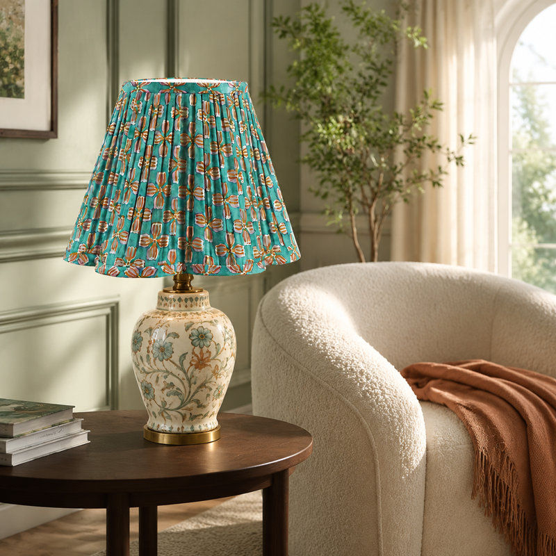 Scalloped Floral Block Print Cotton Lampshade, Multicolor 14 Inch