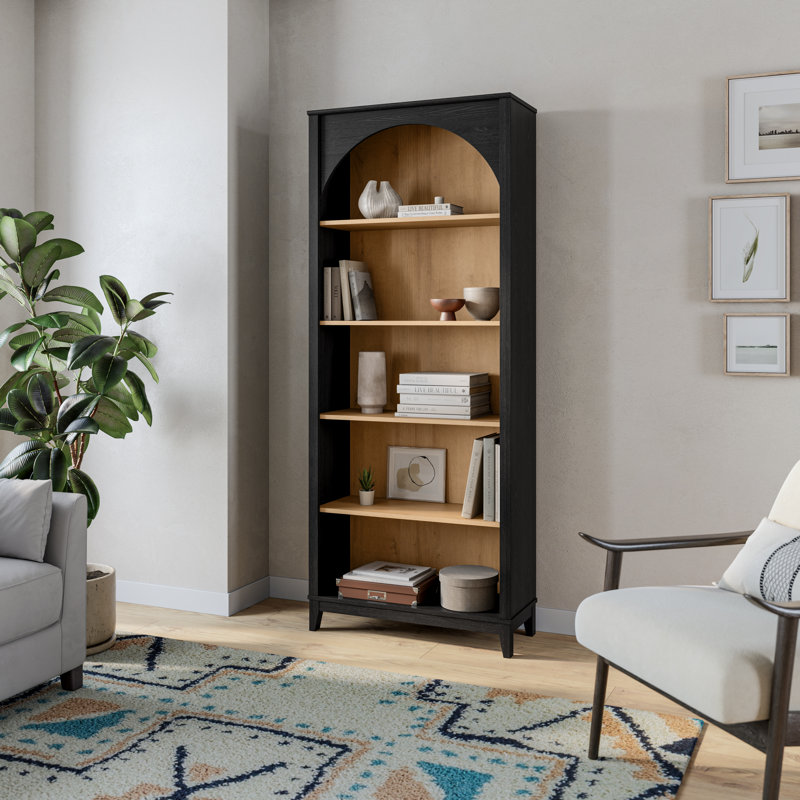 Eshman Engineered Wood Arched Bookcase with Storage for Home Living Room, Black, (5 Shelves) 78" H x 32" W x 13" D