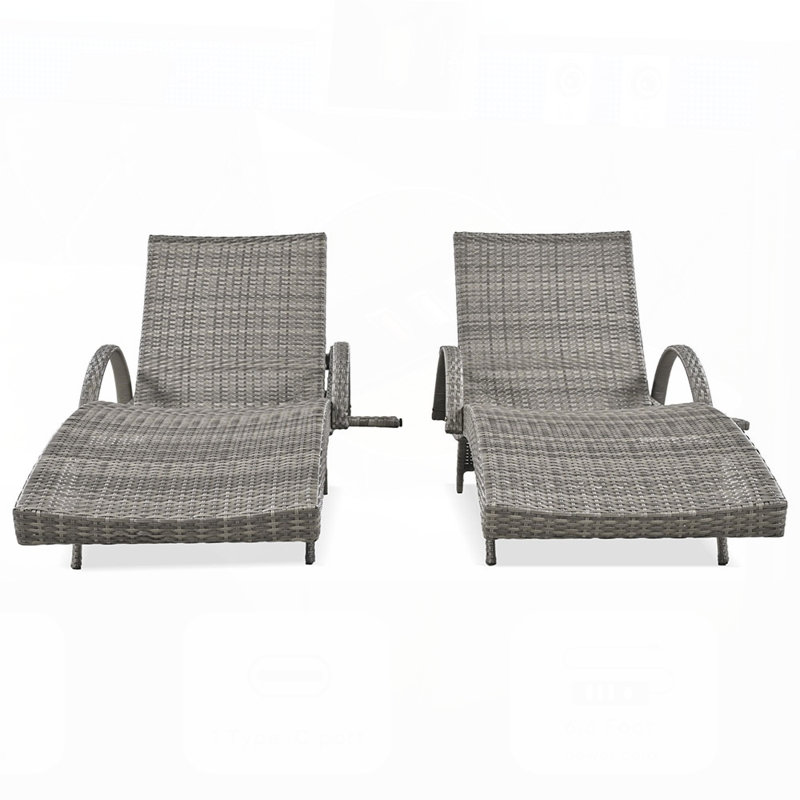 Ensemble de chaises longues en osier de 80 po pour l'extérieur, ensemble de 2 chaises inclinables en rotin de patio avec table d'appoint coulissante et dossier réglable à 5 niveaux pour bronzer au bord de la piscine