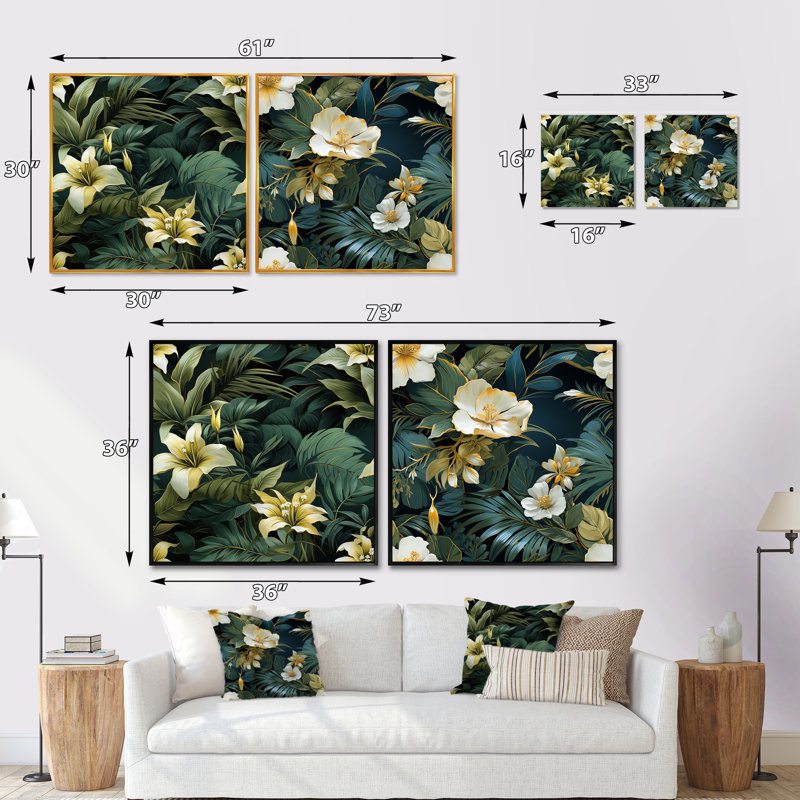 Sherborn - Ensemble de 2 collages carrés floraux, Cadre flottant blanc, H 30 po x l 61 po