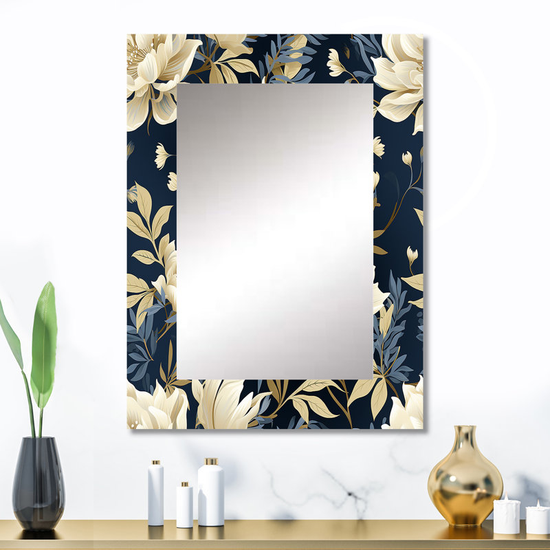 Industrial Ivory & Blue Fusion Floral Pattern - Floral Mirror Wall Decor, 32" x 24"