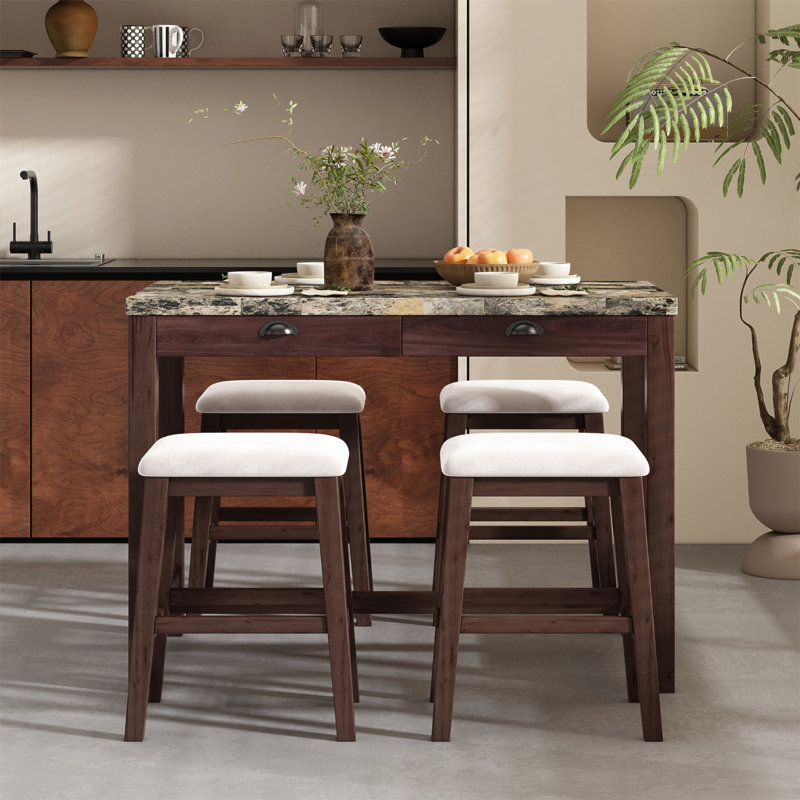 Ensemble de table de salle à manger 5 pièces pour 4 personnes, table de cuisine moderne à hauteur de comptoir et chaises, ensemble de 4 avec tiroirs de rangement, table de salle à manger en marbre avec 4 chaises rembourrées pour petits espaces