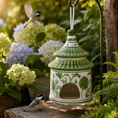 Nichoir suspendu élégant en céramique de style chinoiserie pour la décoration extérieure - Mangeoire décorative pour jardin et terrasse - 20 cm