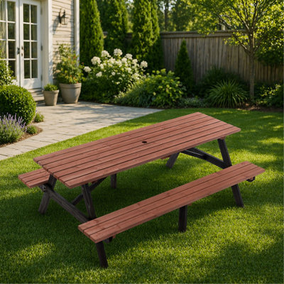 Ensemble de table de pique-nique d'extérieur 75 po - capacité de 2 200 lb, avec trou pour parasol, robuste, pour la cour arrière, la pelouse et le barbecue