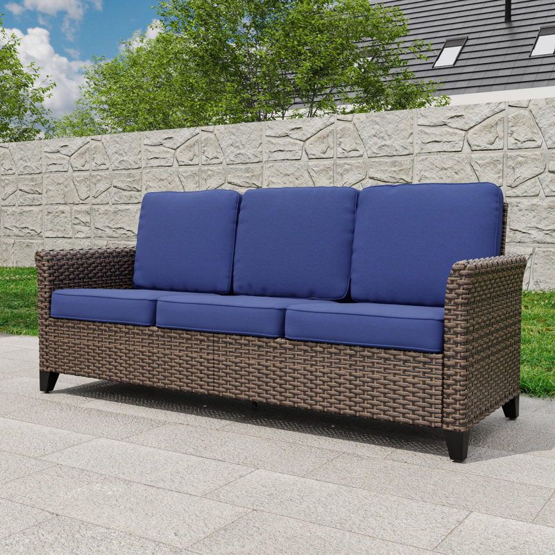 74.8? Wide Patio Outdoor All-Weather Wicker 3-Seat Sofa With Olefin Cushions, Blue