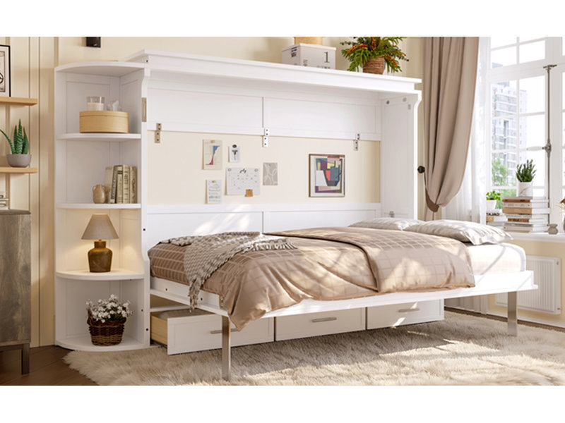 Lit plateforme escamotable de conception moderne avec rangement, armoires latérales et tiroirs, fabrication durable, White